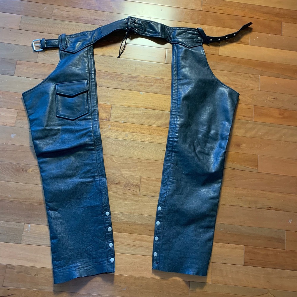 Vintage Leather Motorcycle Biker Chaps Size Large Black‎ Made in USA Pro Rider